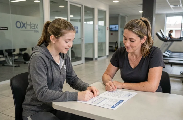 Adolescente et sa mère en train de remplir un formulaire d'abonnement dans le hall d'une salle de fitness