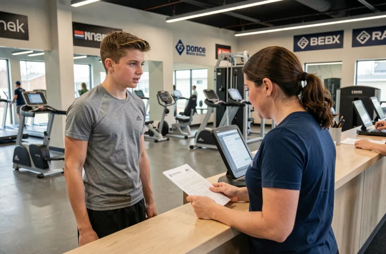 Adolescent d'environ 16 ans à l'accueil d'une salle de sport discutant d'un abonnement avec un employé
