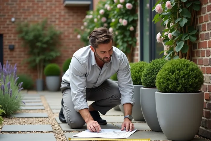 Homme aménageant une cour urbaine avec des jardinières de lavande et de buis sur une terrasse en pierre avec mur de briques