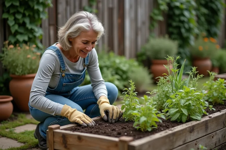 Femme aménageant un potager surélevé en bois avec des herbes aromatiques et des fleurs dans un jardin rustique