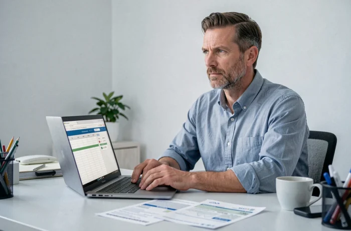 Homme analysant ses dépenses mensuelles sur un ordinateur portable dans un bureau à domicile bien organisé