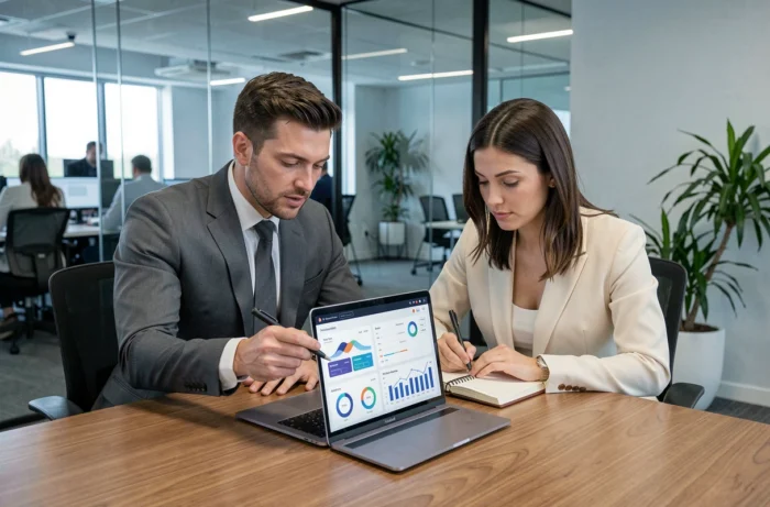 Deux professionnels analysant des tableaux de bord marketing B2B sur un ordinateur portable dans une salle de réunion vitrée
