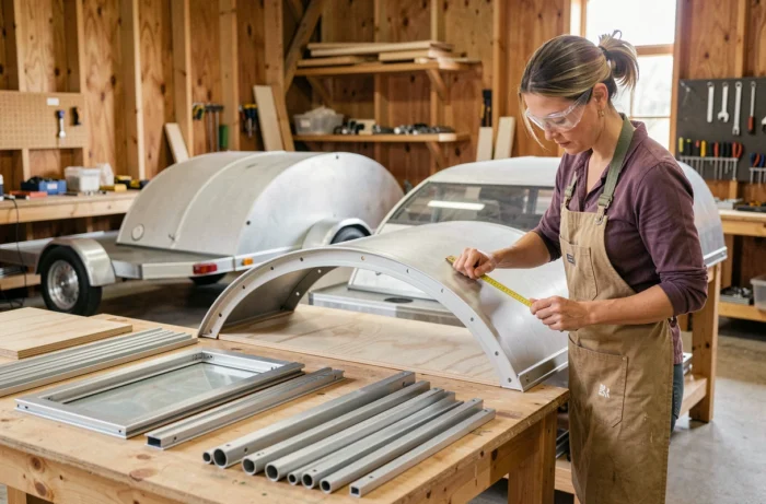 Atelier de montage de kits teardrop avec panneaux en contreplaqué et composants aluminium, femme mesurant un panneau de toit courbé