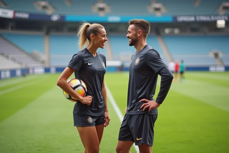 Jeunes sportifs souriants au stade en extérieur
