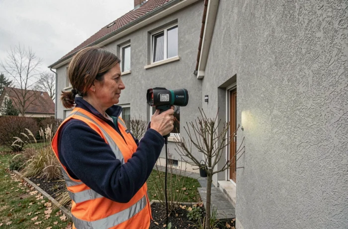 Auditrice énergétique utilisant une caméra thermique sur la façade d'une maison pavillonnaire