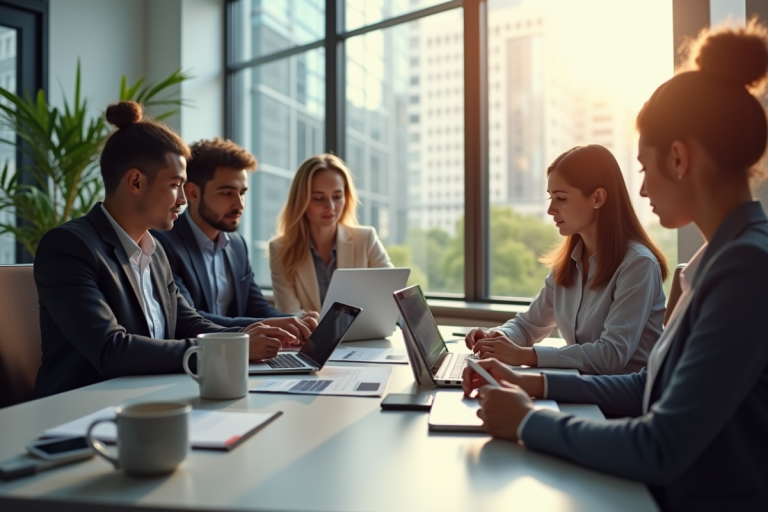 Équipe diverse en réunion dans un bureau moderne lumineux