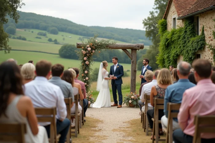 Cérémonie de mariage humaniste en plein air dans un jardin de campagne française avec arche florale