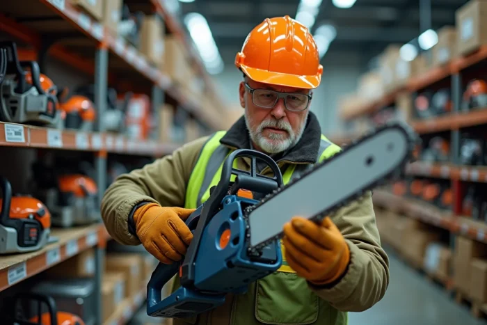 Homme équipé de protections examinant une tronçonneuse professionnelle dans un magasin de bricolage pour choisir le bon modèle
