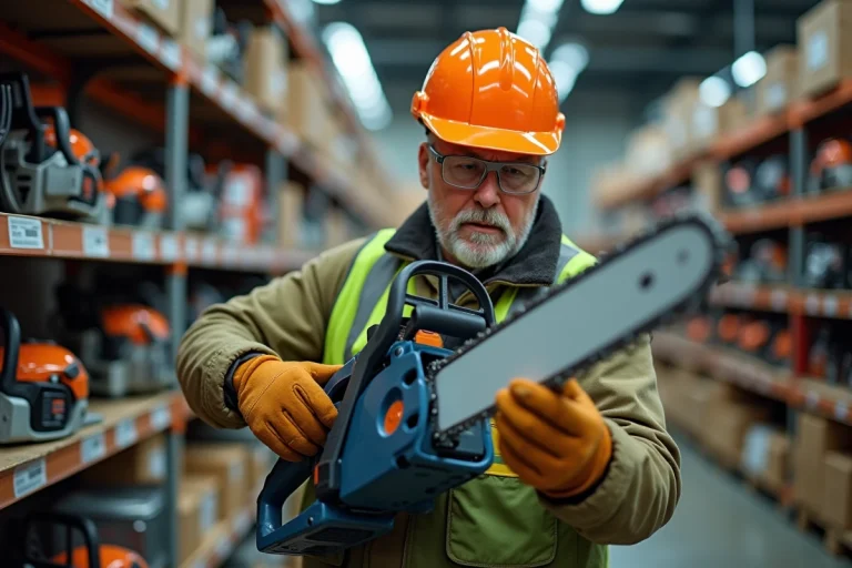 Homme équipé de protections examinant une tronçonneuse professionnelle dans un magasin de bricolage pour choisir le bon modèle