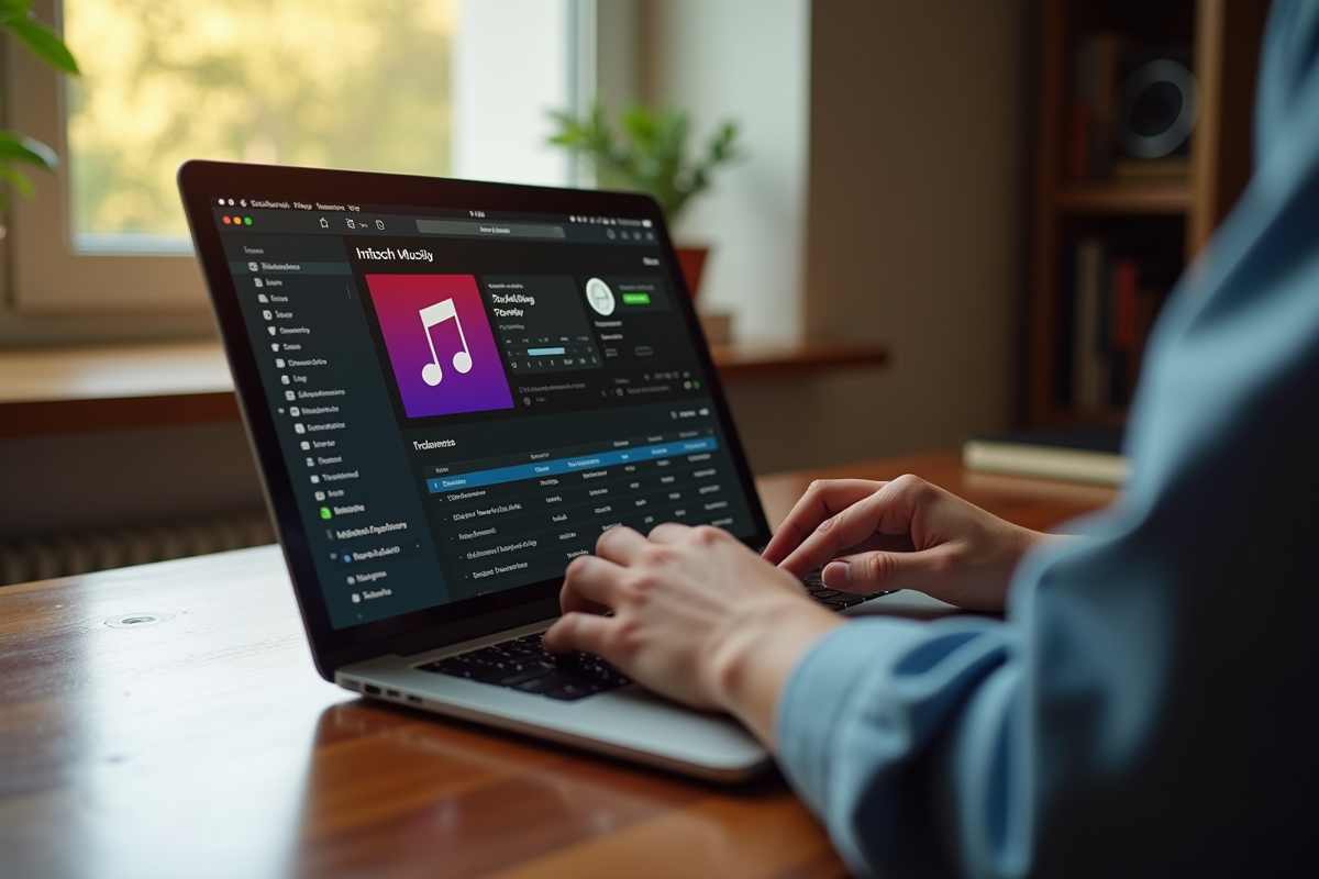 Main sélectionnant plateforme musicale sur ordinateur portable dans un studio cosy