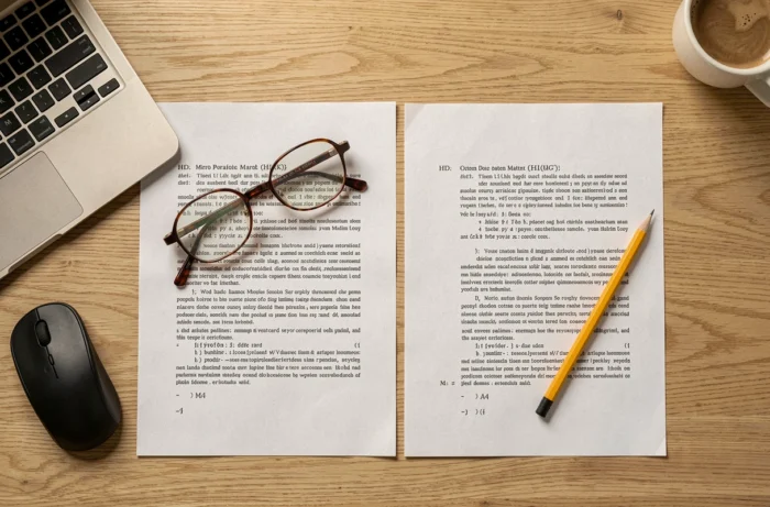 Vue à plat de deux documents imprimés côte à côte, un normal et un en miroir, sur un bureau en bois