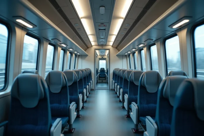 Vue comparative de l'intérieur d'un train montrant la différence entre première et deuxième classe dans le même wagon