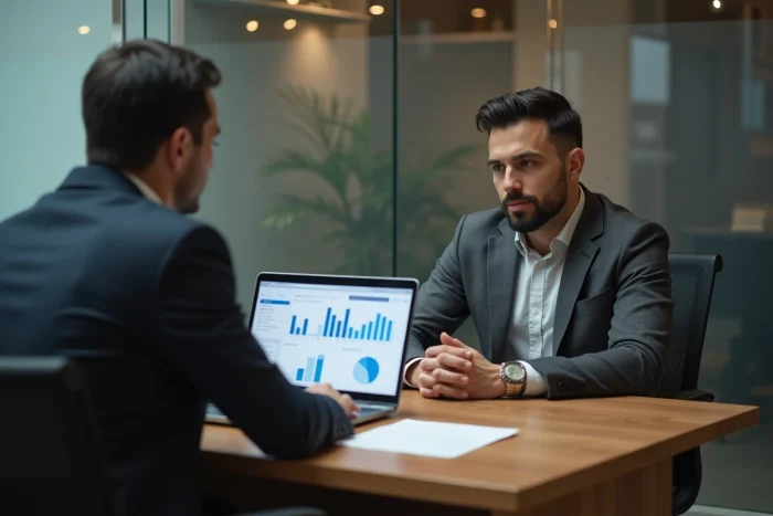 Conseiller bancaire français présentant un classement de sécurité financière à un client en rendez-vous privé