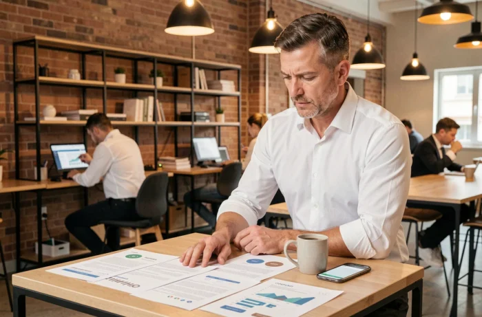 Homme d'affaires consultant des documents de stratégie marketing B2B dans un espace de coworking industriel moderne