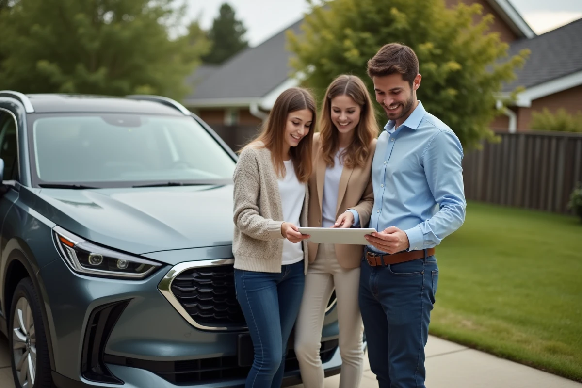 Consultant montrant un papier digital à une famille devant une voiture