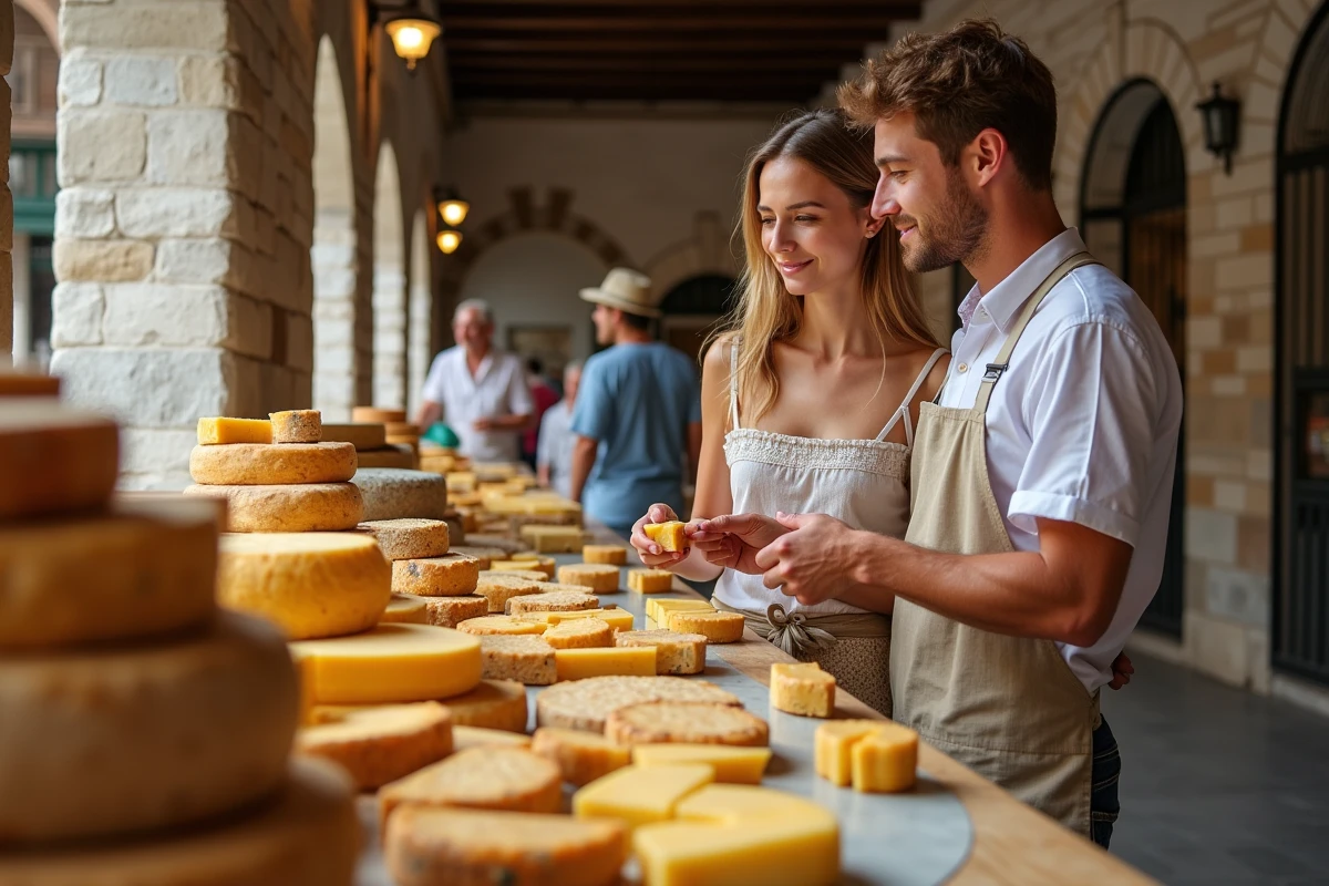 Jeune couple dégustant du fromage dans le marché couvert