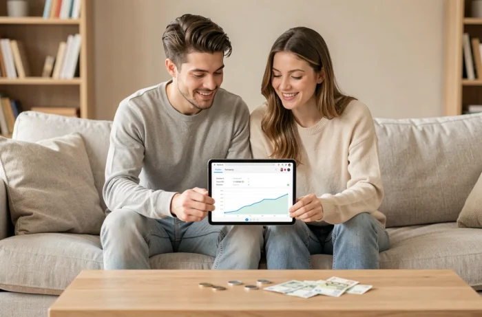 Couple planifiant ensemble leur budget mensuel sur une tablette dans leur salon, avec des billets et pièces posés sur la table basse