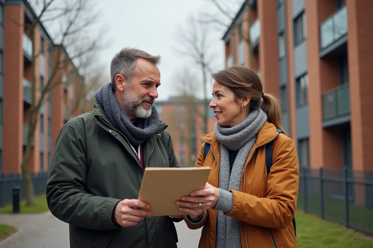 Couple regardant une brochure devant un immeuble urbain