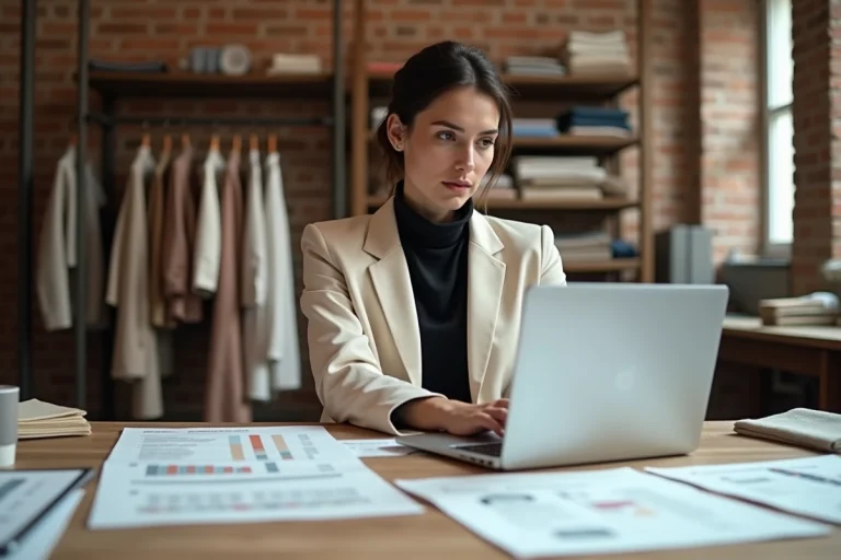 Créatrice de mode française dans son atelier parisien consultant des documents financiers sur sa table de travail entourée de tissus et de croquis