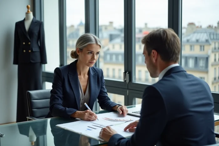 Créatrice de mode établie en réunion avec un conseiller financier dans un bureau moderne parisien pour analyser les revenus de sa marque
