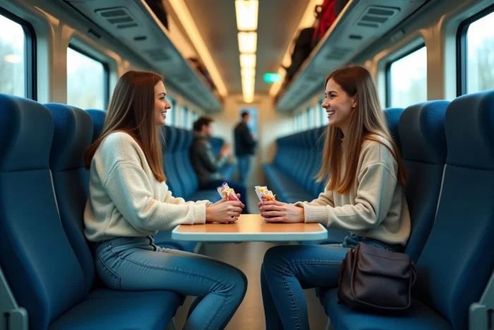 Deux voyageuses en deuxième classe de train partageant un moment convivial dans des sièges face à face