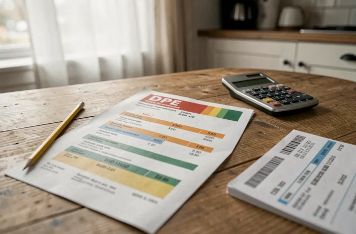 Document DPE et factures posés sur une table en bois pour préparer un dossier d'évaluation énergétique