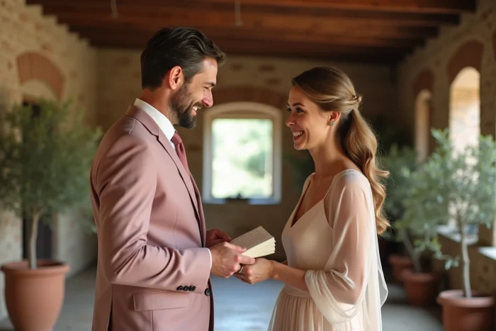 Couple échangeant des vœux personnalisés lors d'un mariage humaniste dans une salle en briques apparentes