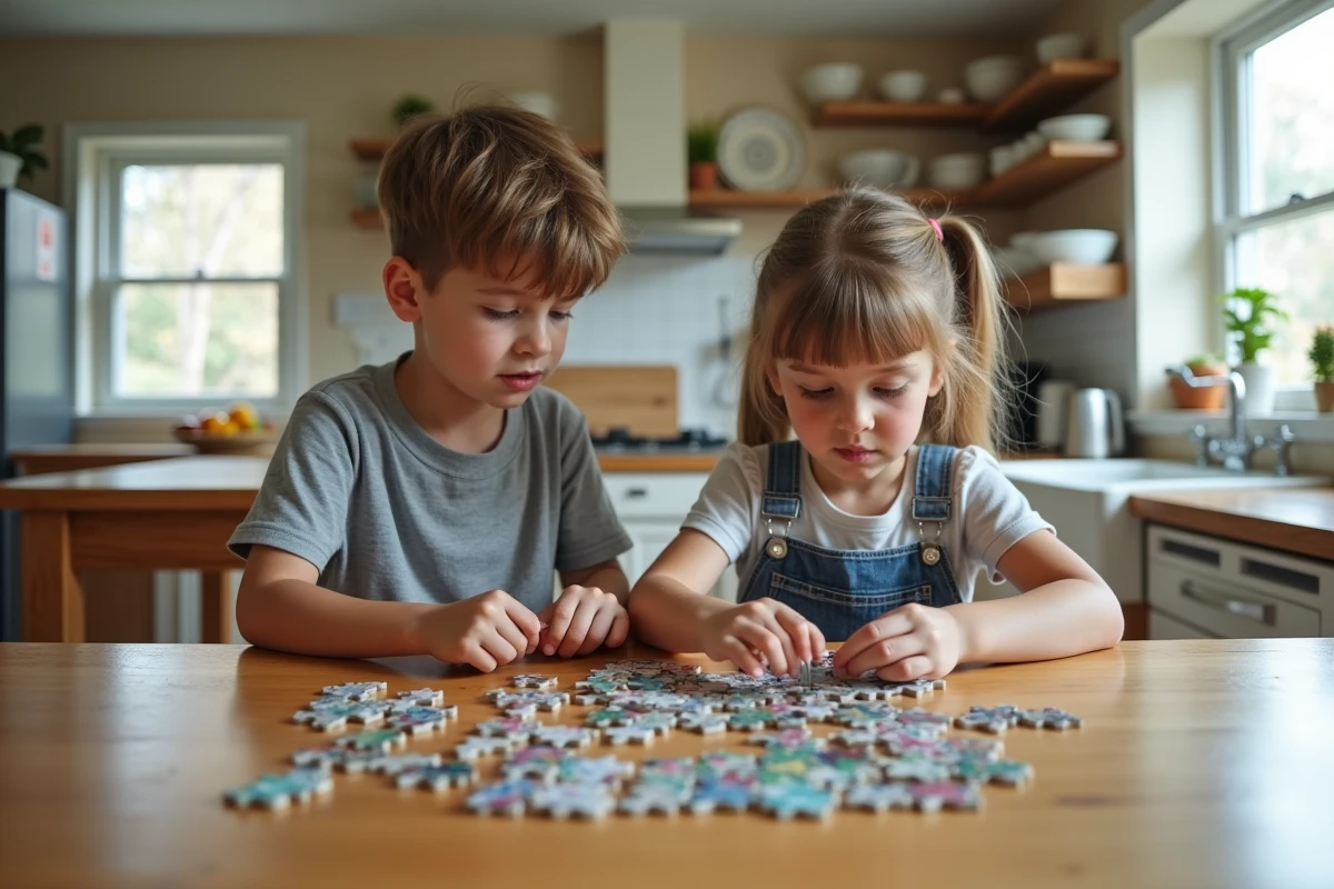 Deux enfants jouant à un puzzle sur une table de cuisine lumineuse