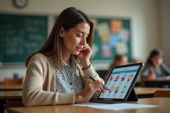 Professeure utilisant une tablette éducative en classe chaleureuse