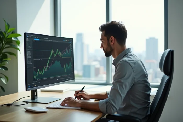 Entrepreneur masculin analysant des tendances financières sur un écran dans un bureau à domicile épuré avec vue sur la ville