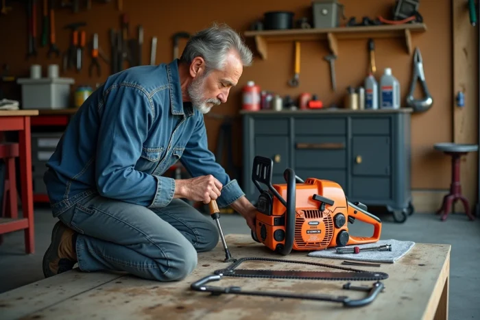 Homme réalisant l'entretien et le réglage de la chaîne d'une tronçonneuse dans un atelier de garage