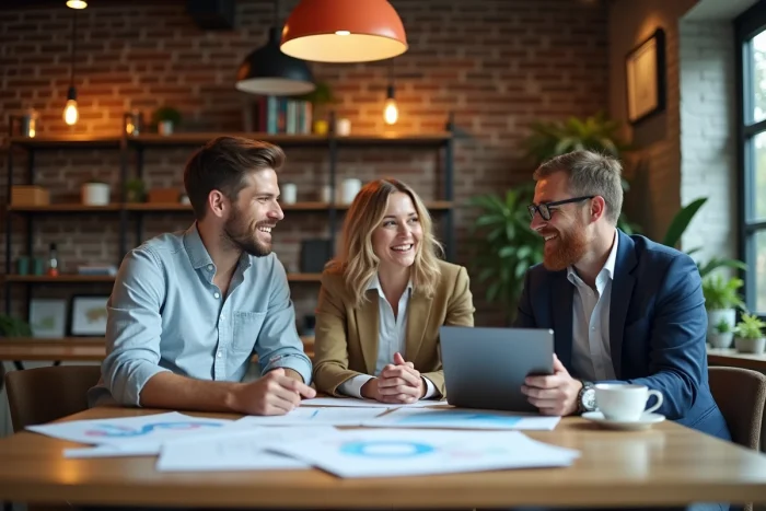 Équipe de professionnels en réunion de brainstorming dans un espace de coworking tendance, autour de graphiques et d'ordinateurs portables