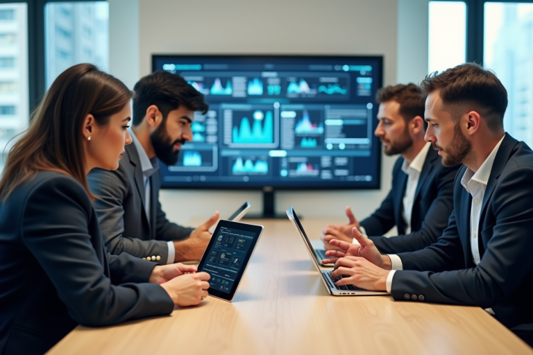 Groupe de professionnels diversifiés en réunion sur workflows numériques
