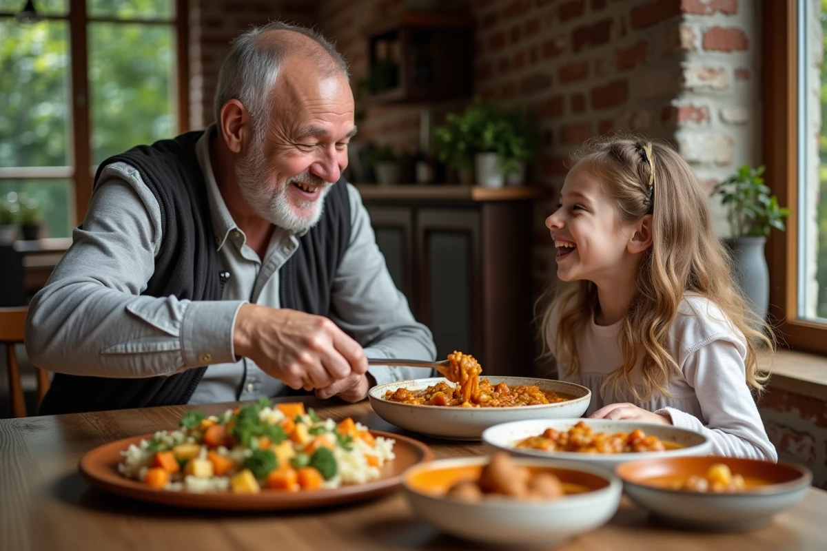 Famille partageant un repas convivial dans une salle rustique