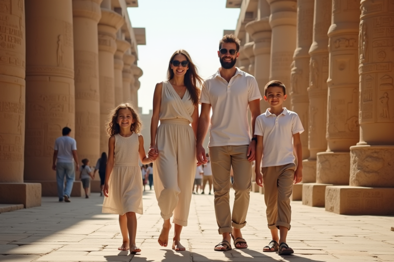 Famille en visite au temple de Karnak à Luxor en Égypte