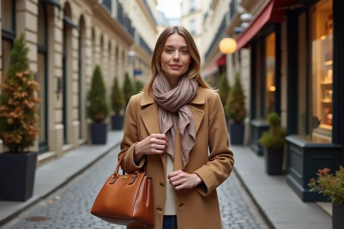 Femme élégante portant un manteau camel et un foulard en soie avec un sac en cuir structuré dans une rue parisienne pavée