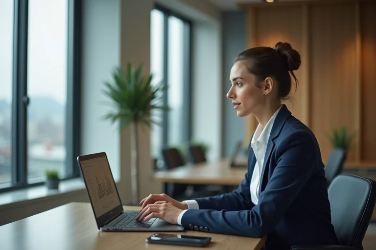 Jeune femme en blazer analysant des données marketing