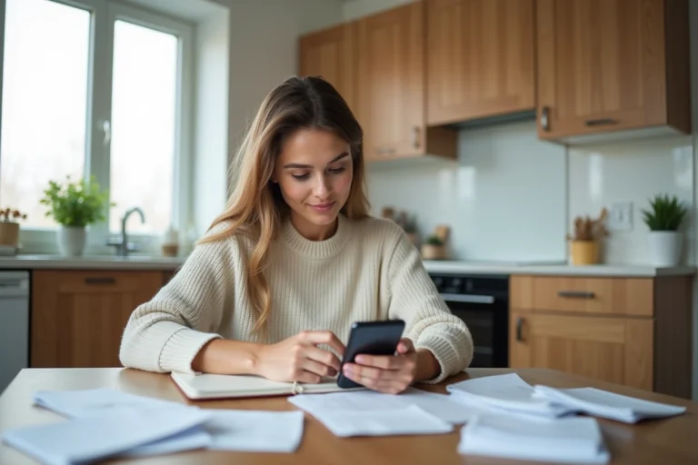 Femme organisée vérifiant ses finances dans la cuisine