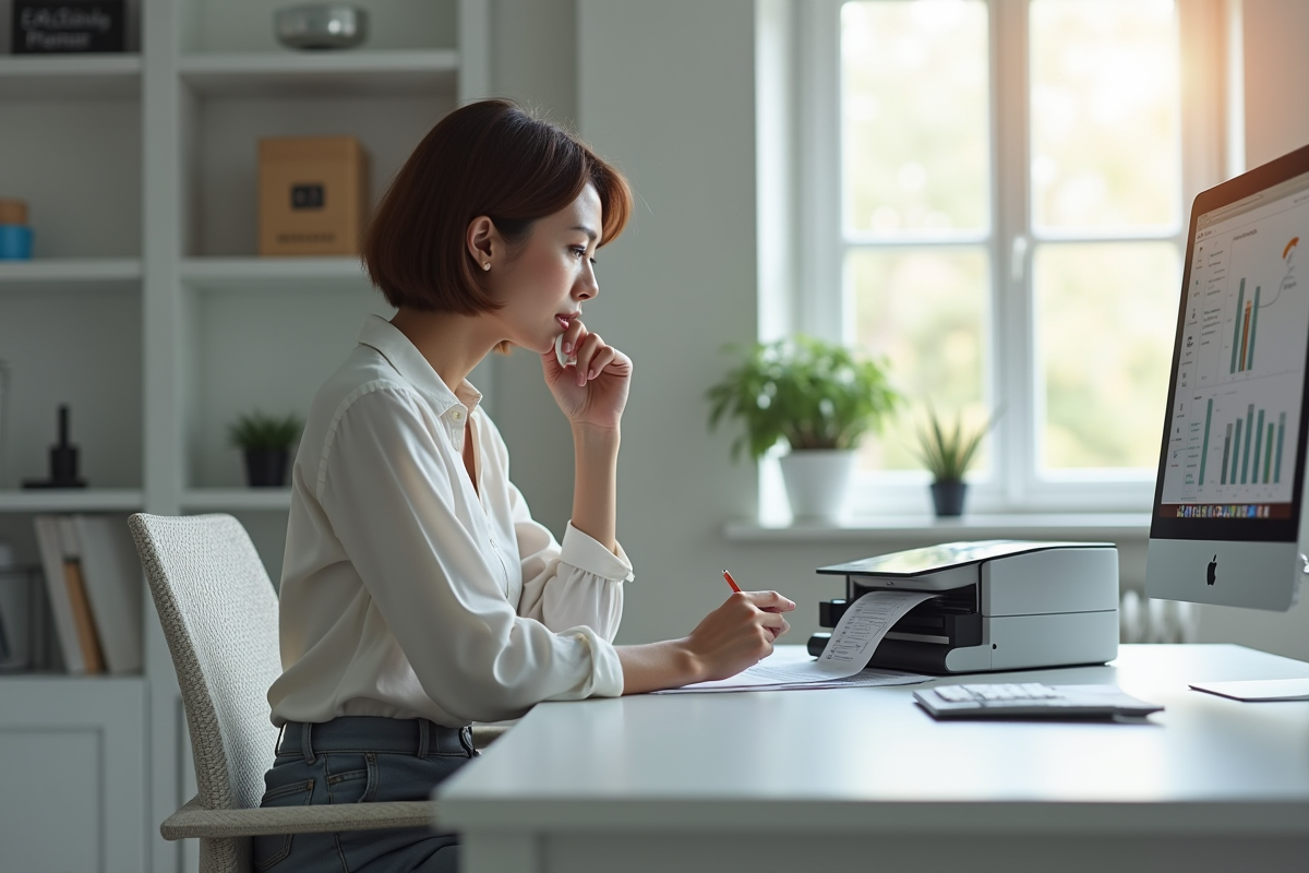 Femme concentrée scannant un document dans un bureau moderne