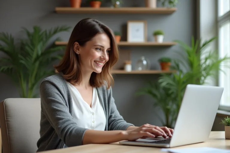 Femme souriante au bureau lors d'une connexion réussie