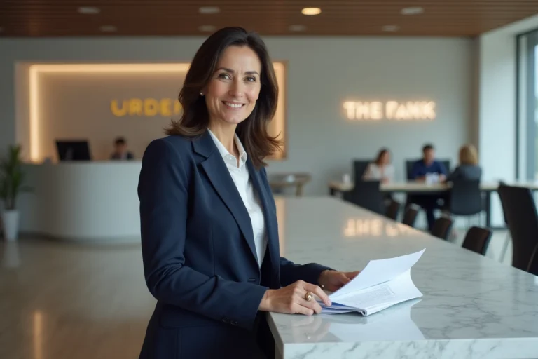 Femme cadre dans une agence bancaire française moderne consultant des documents financiers en 2024