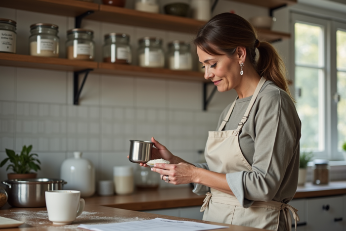 Femme en tablier mesure du sucre dans la cuisine