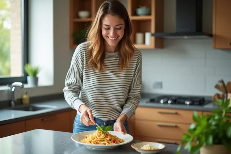 Femme souriante en cuisine garnissant un plat de pâtes