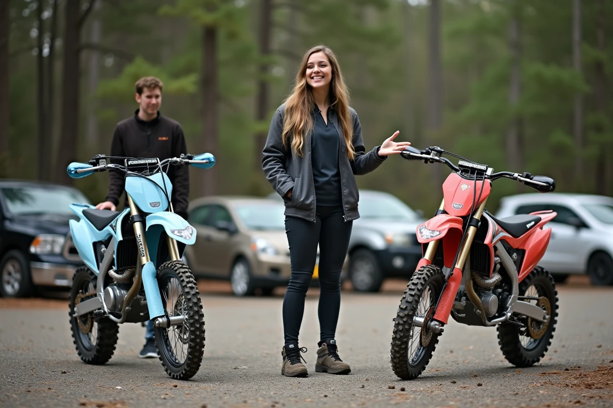 Femme discutant avec un ami près de motos tout-terrain