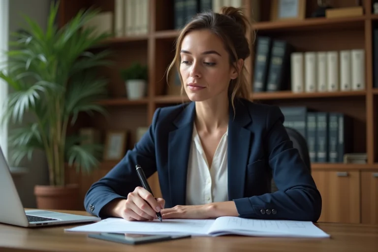 Femme consultant des documents juridiques pour préparer sa procédure de divorce
