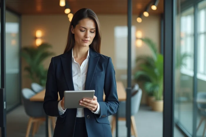 Femme entrepreneur en blazer marine consultant sa tablette dans un bureau moderne et lumineux, illustrant les tendances du monde des affaires