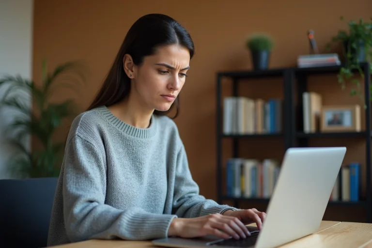 Femme frustrée face à une erreur de connexion sur son ordinateur portable dans un bureau à domicile
