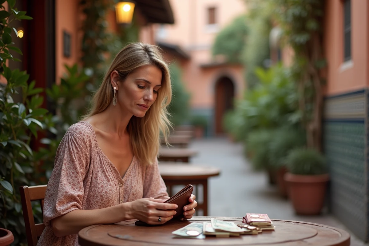 Femme européenne comptant ses dirhams dans un café de Marrakech