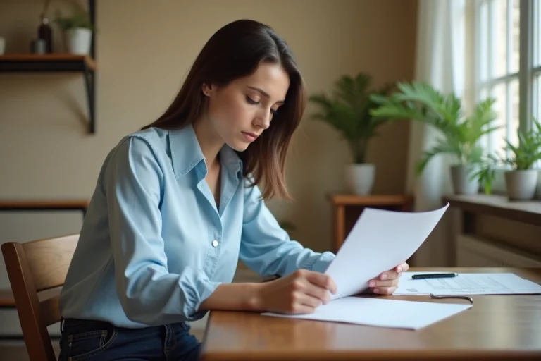 Femme lisant des documents dans un intérieur calme