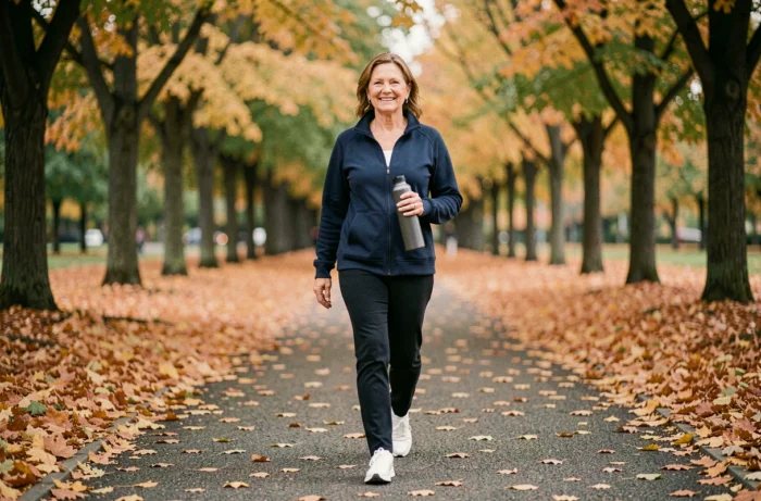 Femme d'âge mûr marchant dans un parc en automne avec une bouteille d'eau, symbolisant les habitudes saines et l'activité physique régulière